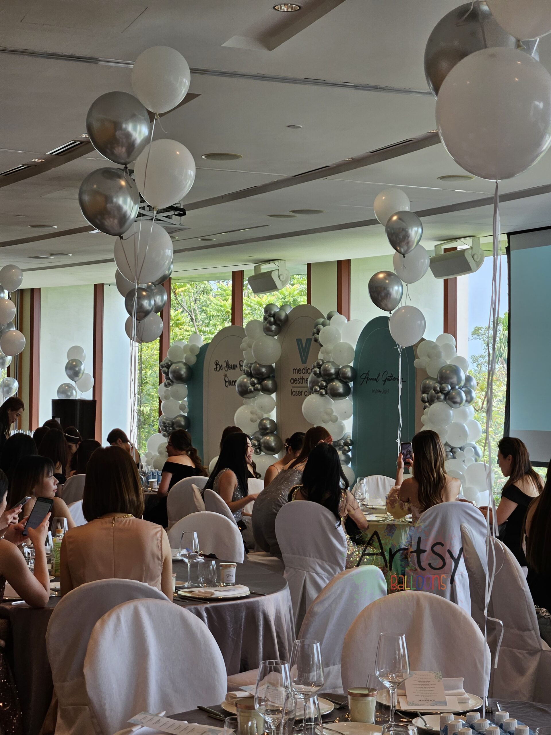 , Silver &amp; White Balloon Event Decoration for V Aesthetics Annual Gathering in Singapore, Singapore Balloon Decoration Services - Balloon Workshop and Balloon Sculpting